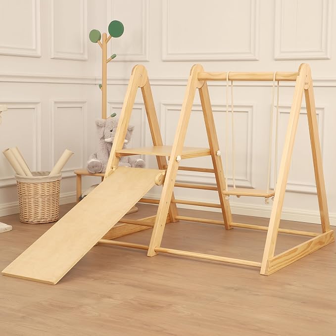 Multifunctional Indoor Jungle Gym for Toddlers - Wooden Montessori Climbing Set with Slide, Swing, Ladder, Play Platform, Climbing Toy for Toddler 1-6, Indoor Playground Playset Gift for Kids