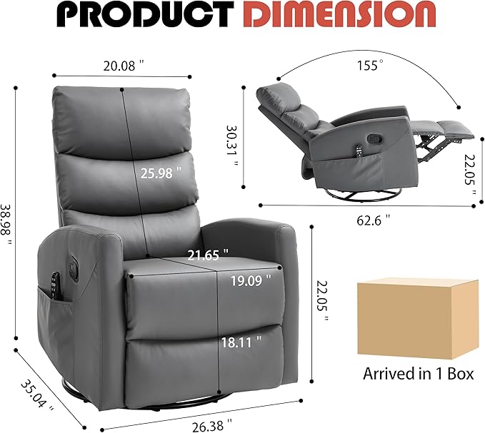 Manual Swivel Rocker Recliner Chair with Massage, Overstuffed Recliner Glider with Vibration Massage and Heat for Nursery, Living Room Reclining Sofa Chair, PU Leather Gray