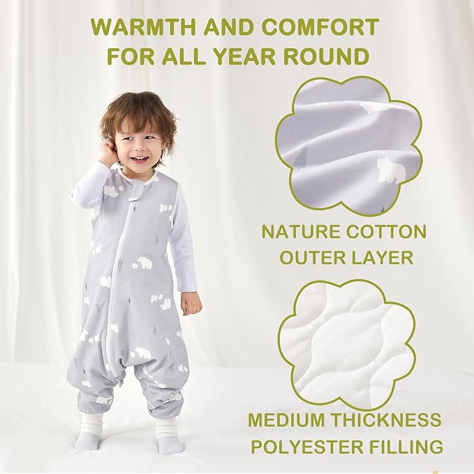 2 Pack Super Soft 0.5 TOG Sleep Sack with Legs, 100% Organic Cotton Side Open Toddler Sleep Sack with Feet, Foliage & Cactus, Size M