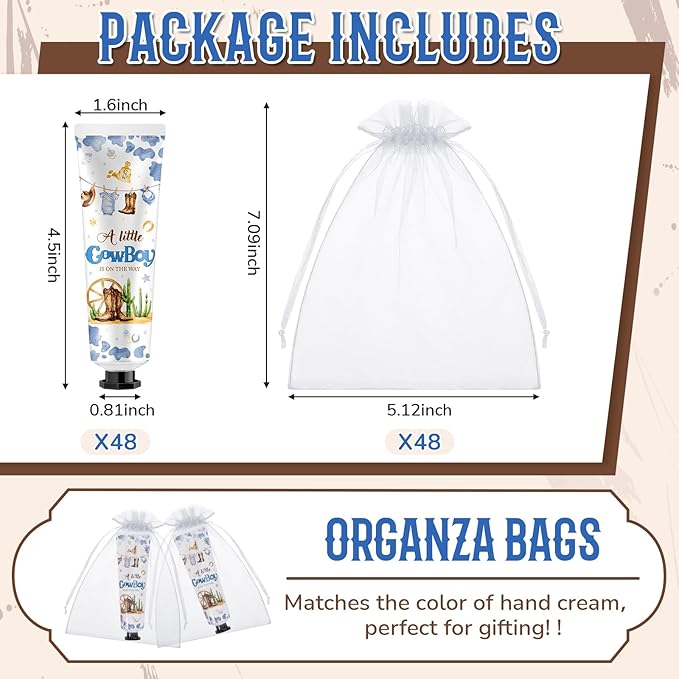 48 Sets Baby Shower Hand Cream Bulk Cowboy Baby Shower Favors Bridal Thank You Hand Cream for Guests Travel Size Lotion with Organza Bags