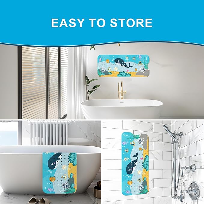 XIYUNTE Baby Bath Mat for Tub Non Slip Kids Bath Mat - 40''x16'' Extra Long Cartoon Whale Baby Bath Tub Mat Eco-Friendly Toddler Bath Mats with Suction Cups & Drain Holes, Easy to Clean & Easy Drying