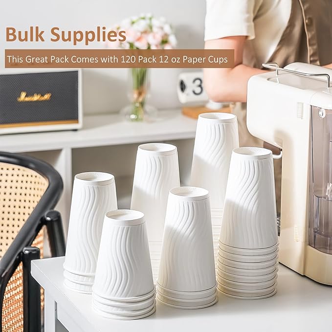 12 oz Coffee Cups 120 Pack, Disposable Coffee Cups 12 oz Paper Cups - Insulated Paper Coffee Cups Fancy Hot Cup for Hot/Cold Drinks, Wedding/Baby Shower/Office, White
