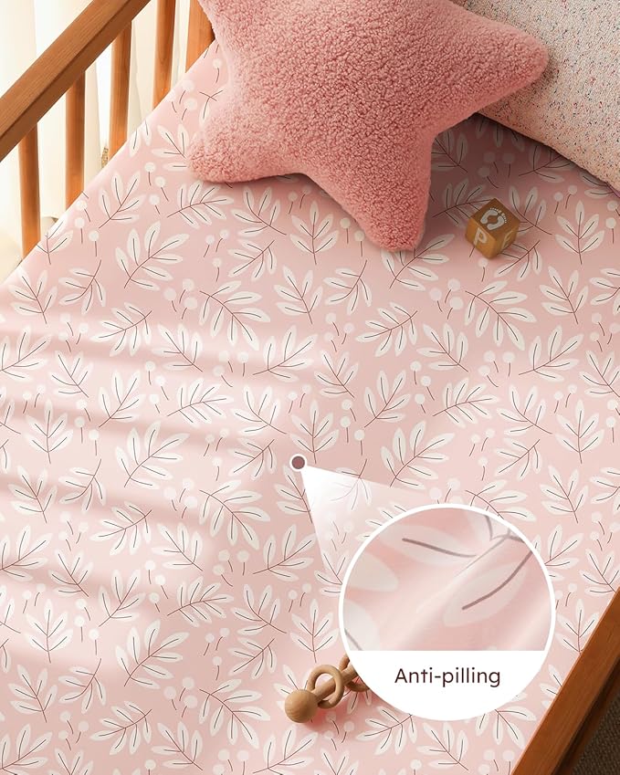 Baby Crib Sheets for Boys Girls, Fitted Crib Sheet Neutral 3 Pack for Standard Crib and Toddler Mattress, Breathable Soft Microfiber Baby Sheet 28x52x8in Pink Flowers & Leaf
