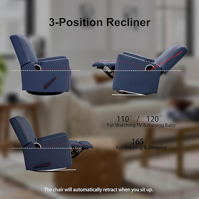 Harkawon Swivel Rocker Recliner Chair, Glider Rocker Recliner, Rocking Chairs Nursery, Fabric Chair with High Back, Deep Seat, for Living Room, Bedroom, Blue+Brown