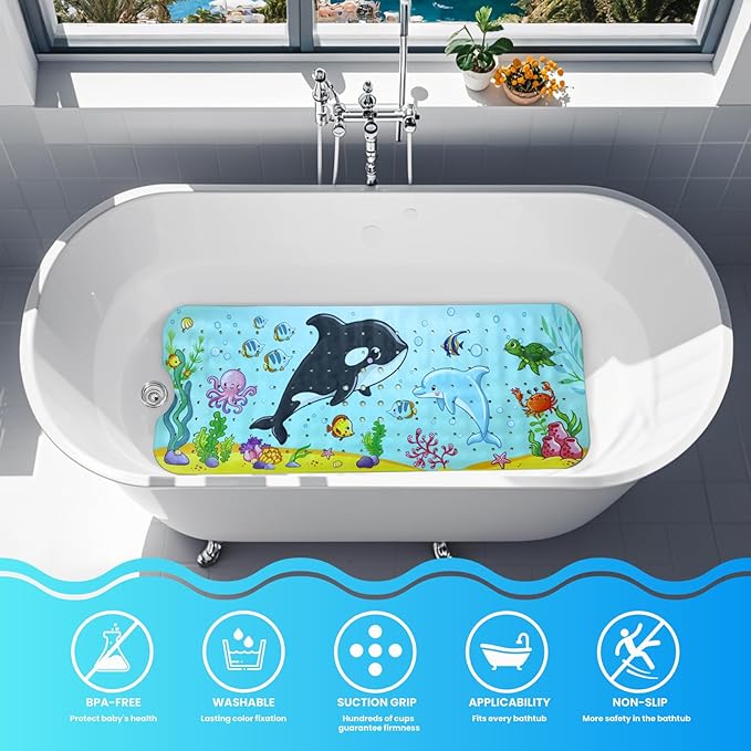 Linoows Baby Bath Tub Mat, 40 x 16 Inch Extra Large Non Slip Kids Cartoon Bathtub Shower Mats with Suction Cups & Drain Holes, Machine Washable for Bathroom, Undersea Whale & Dolphin