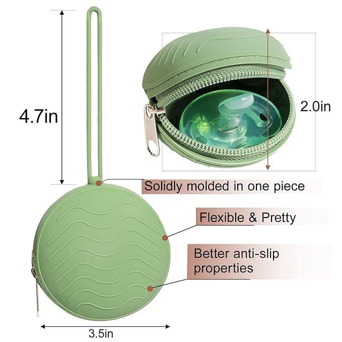3 Pack Silicone Pacifier Holder Case, BPA-Free Cover Pouch for Baby, Portable Storage Container for Diaper Bag Stroller, Travel Outdoor Activities, Easy to Clean (Green, Grey, Purple)