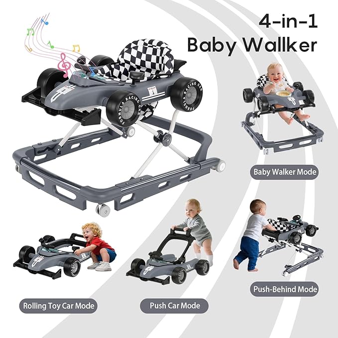 Baby Walker with Wheels, 4-in-1 Baby Walker for Boys Girls Foldable Activity Walker with Adjustable Height Toddler Infant Walker with Music and Lights Walker for Baby 6-24 Months, Grey