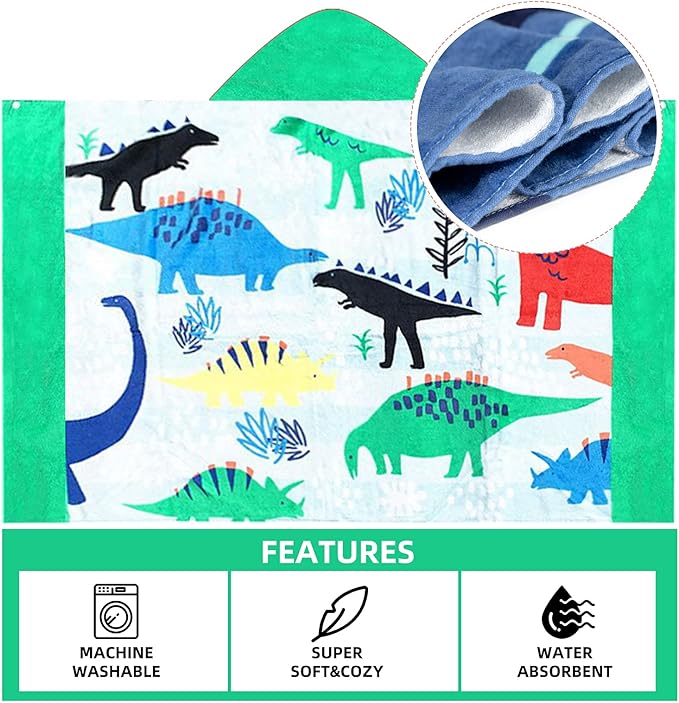 BANGSAUR Kids Hooded Bath Beach Towel, 100% Cotton 50"x30" Wrap, Toddlers Girls Boys 3-12 Years Coverup(Dinosaurs)