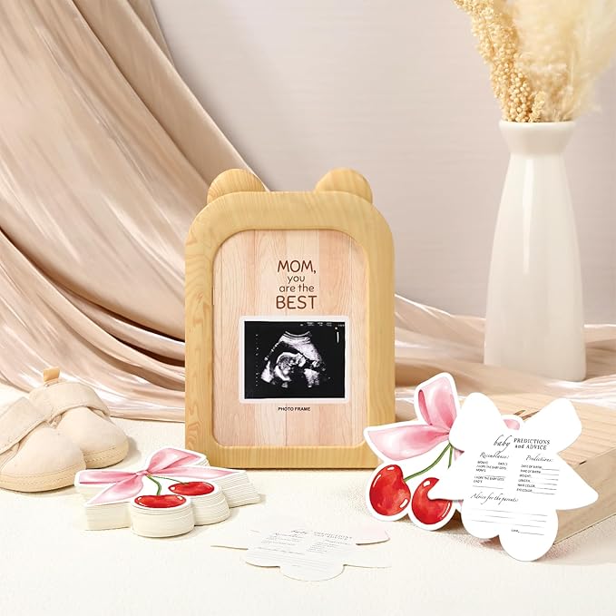 50 Pcs Cherry on Top Baby Shower Decorations Double Side Baby Predictions & Advice Cards for New Parents Cherry Shower Games with Cards Wooden Keepsake Box for Wishes Decorations