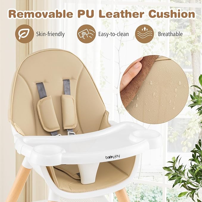 BABY JOY 6 in 1 High Chair, Convertible High Chairs for Babies and Toddlers/Booster Seat/Table and Chair Set, Infant Wooden Highchair w/ 5-Point Harness, 4-Position Removable Tray & PU Cushion (Khaki)