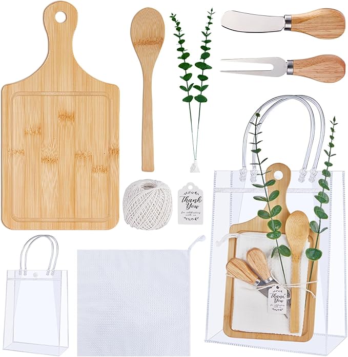 Baby Shower Prizes for Game Winners Bamboo Cheese Board Spoon Fork Butter Spreaders Plaid Towel Thank You Card and Gift Bags for Baby Shower Wedding Bridal Shower Favors (Bamboo, 1 Set)