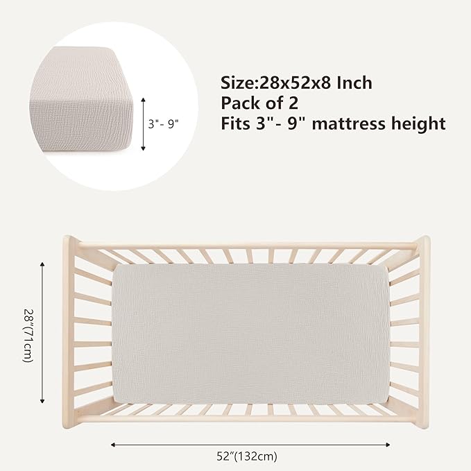 Bearmoss Muslin Crib Sheets - 100% Cotton Baby Crib Sheets Fitted for Standard Crib Mattress & Toddler Bed Mattress 52"x28" Soft Breathable Crib Sheet Neutral for Boys Girls - 2 Pack (White Star)