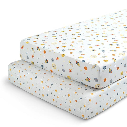 Delta Children Fitted Crib Sheets for Girls and Boys - Crib Sheet for Standard Crib and Toddler Mattresses - 28x52 Inch (Pack of 2), Space Exploration