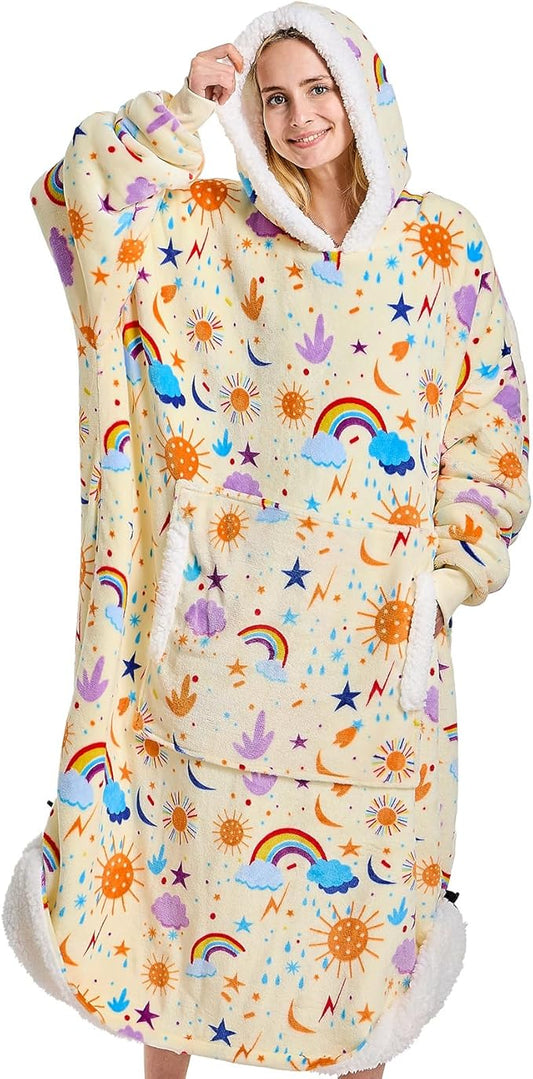 Wearable Blanket Hoodie Oversized - birthday gifts for Adults/Women/mom, Flannel Cozy Sherpa Fleece Blanket Sweatshirt with Hood, Pocket & Sleeves, One Size Fits All (Rainbow)