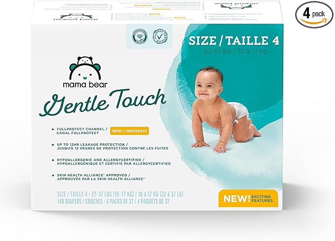 Amazon Brand - Mama Bear Gentle Touch Diapers, Size 4, 148 Count (4 packs of 37)