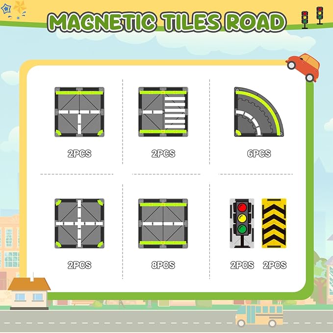 Magnetic Tiles Road Set, Magnetic Building Blocks for Toddler Kids, Montessori Educational Magnet Toys for Kids Ages 3+Year Old, STEM Creative Toy for Christmas Birthday Gifts
