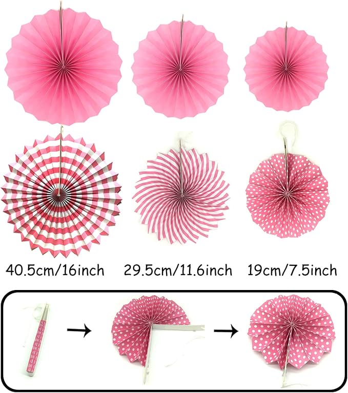 ZERODECO Party Decoration, 21 Pcs Pink Hanging Paper Fans, Pom Poms Flowers, Garlands String Polka Dot and Triangle Bunting Flags for Birthday Parties, Bridal Showers, Baby Showers, Wedding