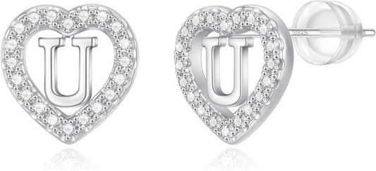 Initial Heart Earrings for Girls, Sterling Silver Post Silver/Rose Gold Heart Initial Stud Earrings for Little Girls Kids Baby Earrings Non Tarnish Hypoallergenic Earrings for Teen Girls Gifts Jewelry