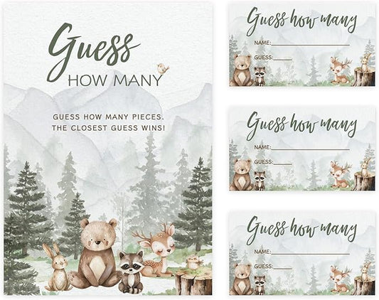 Printed Party Baby Shower Games – Woodland Adventure Candy Jar Guessing Game, Forest Animal Theme, 30 Guess How Many Cards & Matching Display Sign