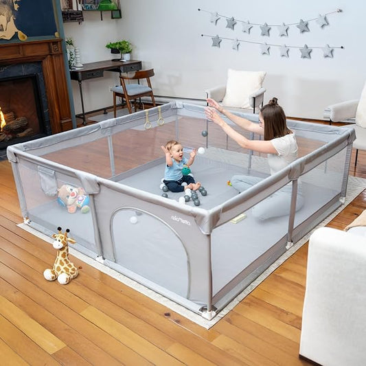 Zzz MioTetto Large Baby Playpen – Portable Play Pen, Playpen for Babies and Toddlers with Gate and Breathable Mesh – Indoor, Outdoor Baby Play Yard with Balls & Hangers - Safe and Sturdy Play Pen