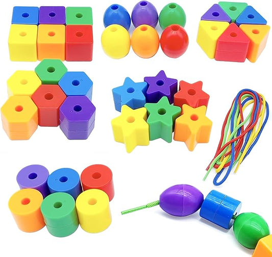 Toddler Toys - Big Lacing Beads Set for Fine Motor Skills & Hand-Eye Coordination - 36 Beads & 6 Strings - Color Sorting & Counting Educational Learning Toy Montessori Toys