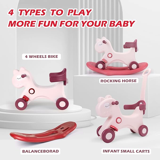 4 in 1 Rocking Horse for Toddlers 1-3 Years Old, Baby Rocking Toy Fun Birthday Gift for 1+ Girls, Ride on Toy with Detachable Balance Board and Footrest，Balance Bike with Push Handle，Pink