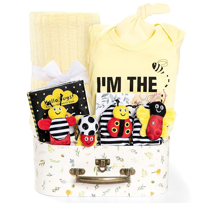 Baby Gift Set for Newborn, Bee Baby Shower Gifts Basket, High Contrast Baby Book Toys 0-6 Months Infant Rattle Socks Blanket Hat Onesie Baby Gifts Essentials for Girls Boys