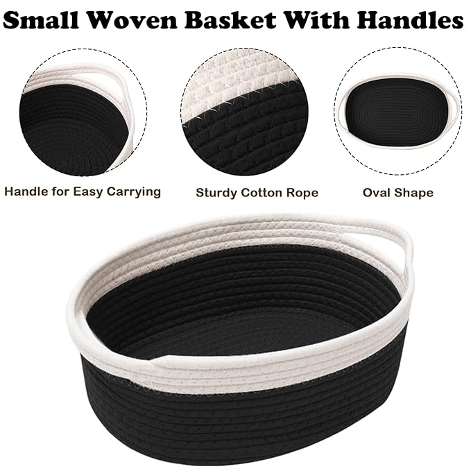 Gift Basket with Gift Bag and Ribbons,Small Rope Woven Shelf Storage,Baskets for Gifts Empty,Birthday,Shower,Decorative Organizer Box for Cat Dog Pet with Handles(White&Black)