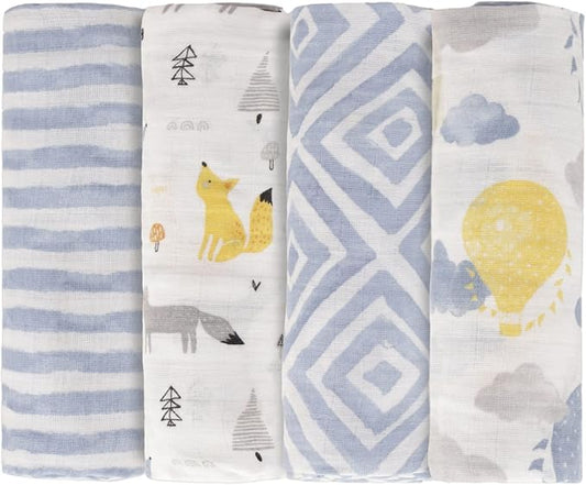 Featherhead™ 100% Cotton Muslin Swaddle Blankets for Baby Boy - Large 47”x 47” - Pre-Washed, Soft, & Breathable - Newborn Essential & Perfect Baby Registry Gift (4 Pack - Blue Foxes)