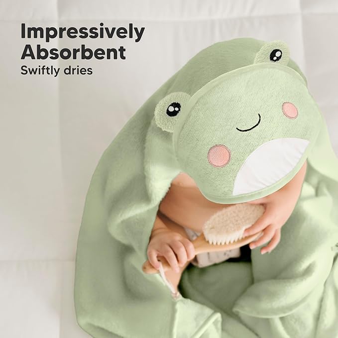 KeaBabies Hooded Baby Towel for Newborn - Viscose Derived from Bamboo Large Baby Bath Towels with Hood for Boys, Girls, Toddler, Extra Absorbent & Soft Newborn Bath Essentials (Frog)