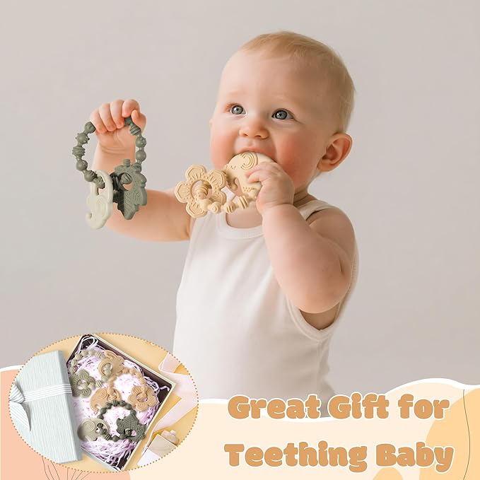 Silicone Teether Toys for Babies - 2ooya 3Pcs Animals Themed Teething Ring, Flower Leaves Baby Sensory Chew Toys with Rattles for Newborn Boy and Girl to Soothe Sore Gums, Baby Shower Birthday Gifts