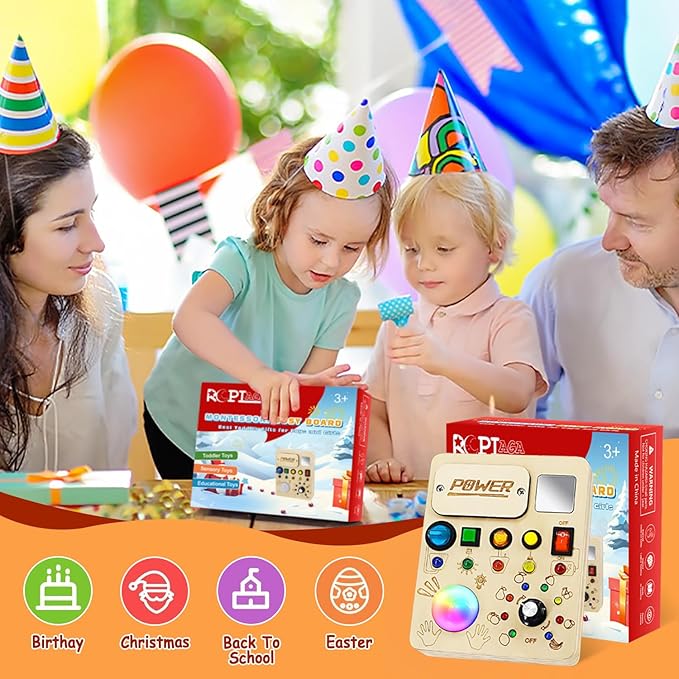 Busy Board Montessori Toy for Toddler, Wooden Sensory Activity Board with LED Light UP Switch, Baby Fidget Board Travel Toys for 18+ Months, 1 2 3 Year Old Boys Girls Toddler Toys Gifts
