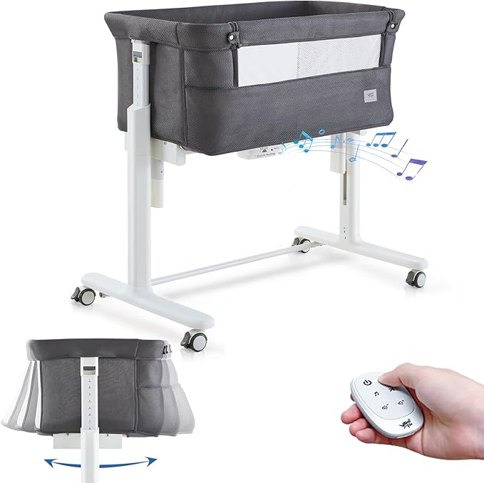 Rocking Bassinet for Baby Automatic Bedside Crib Electric Cradle 5 Heights Adjustable Bedside Sleeper for Babies Infant Smart Auto Rocking Crib 3 in 1 Bassinet on Wheels, Dark Grey