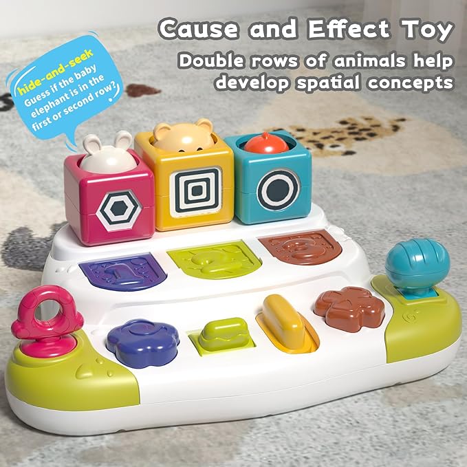 Baby Pop Up Animal Toys with Buttons & Colors, Montessori Cause and Effect Toys for Boys Girls, Kids, Toddlers, Babies – 9 Months +