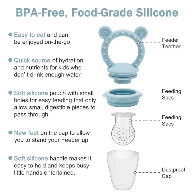 Baby Silicone Fruit Food Feeder Pacifier & Breastmilk Popsicle Freezer Molds,BPA Free Baby Food Storage Containers Frozen Ice Tray for Baby Feeding Safely, Infant Fruit Teething Toy (Blue)