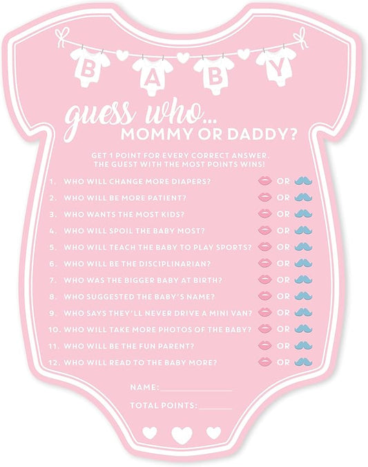 Party Hearty Baby Shower Games for Girl, 50 pcs Pink Mommy or Daddy Guess Who Game, Fun Activity Cards, Baby Shower Ideas