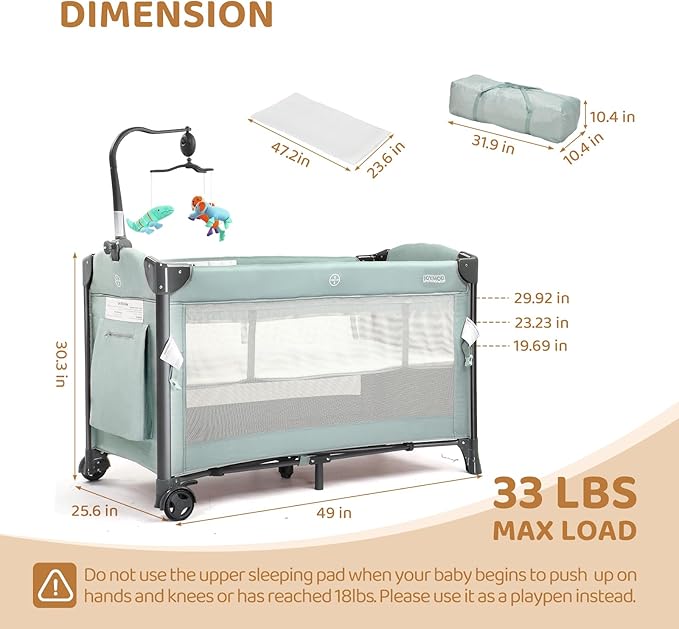 JOYMOR 3 in 1 Baby Bedside Bassinet, Bedside Sleeper with Mattress and Sheet, Convert to Bassinet, Playpen, Foldable Travel Baby Bed, with Toy, Wheels, Brake, Carry Bag