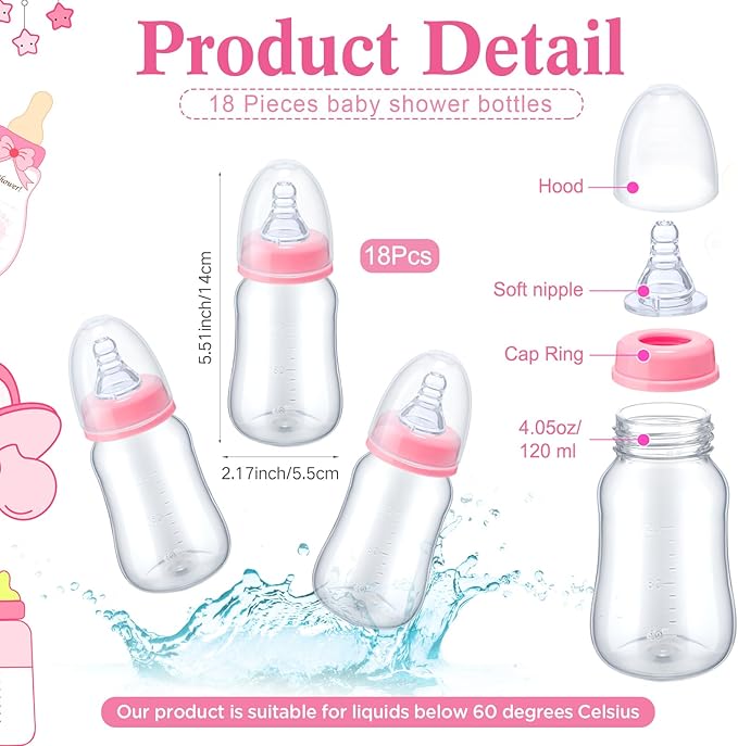 Roowest Bottle Chug Baby Shower Game Favors Including Flower Theme Bottle Chug Game Wooden Sign and 18 Pcs Pink Baby Bottles for Baby Shower Game Gender Reveal Party Supplies