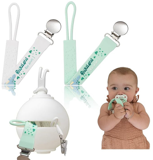 Pacifier Holder and Clip Set – Green & White | BPA-Free Silicone Clips + Pacifier Case for Babies 0–6 Months