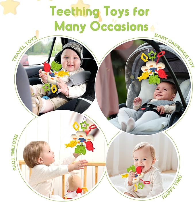 Baby Sensory Chew Toy for 6-12-18 Months, Soft Silicone Popper Pull String Travel Toys for Car Seat, Early Develop Fine Motor Skills & Vision, Learning Gift for Newborn Infant Toddler Boys Girls