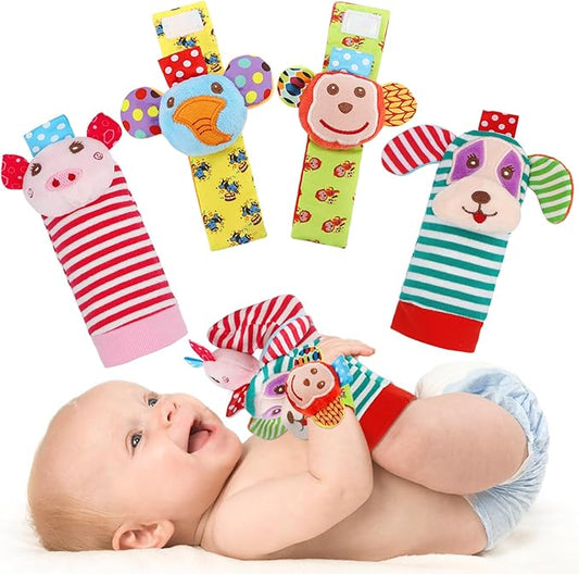 SSK Soft Baby Wrist Rattle Foot Finder Socks Set,Cotton and Plush Stuffed Infant Toys,Birthday Holiday Birth Present for Newborn Boy Girl 0/3/4/6/7/8/9/12/18 Months Kids Toddler,4 Cute Animals