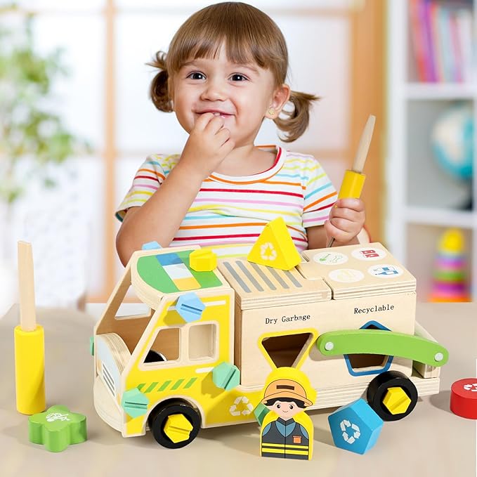 LOVELAND Wooden Recycling Truck Toy Take-Apart Garbage Sorting Truck