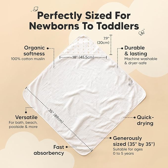 KeaBabies Muslin Baby Bath Towels with Hood for Girls, Boys, Large Organic Cotton Hooded Baby Towels for Newborns, Toddlers, Infant, Kids, Soft Absorbent Newborn Bath Essentials Gift Set (Tulips)