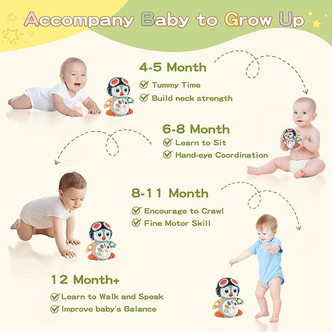 Penguin Crawling Toy for Babies 6-12 Months, Toys for 6 Month Old Boy, Tummy Time 3-6 Months, Light Up Music Toy, Gifts for 3-18 Months Boys Girls, 1 Year Old Boy Girl Toys