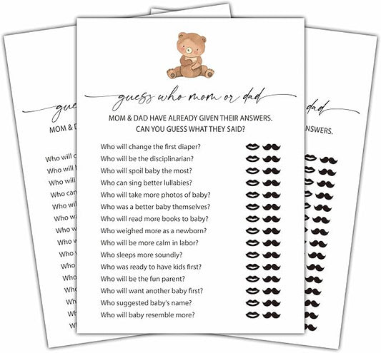Who Mom Or Dad Games Set, Minimalism Baby Shower Party Game Card, Boho Bear Themed Gender Neutral Party Ideas Activities, Baby Shower Party Supplies & Decorations -A04