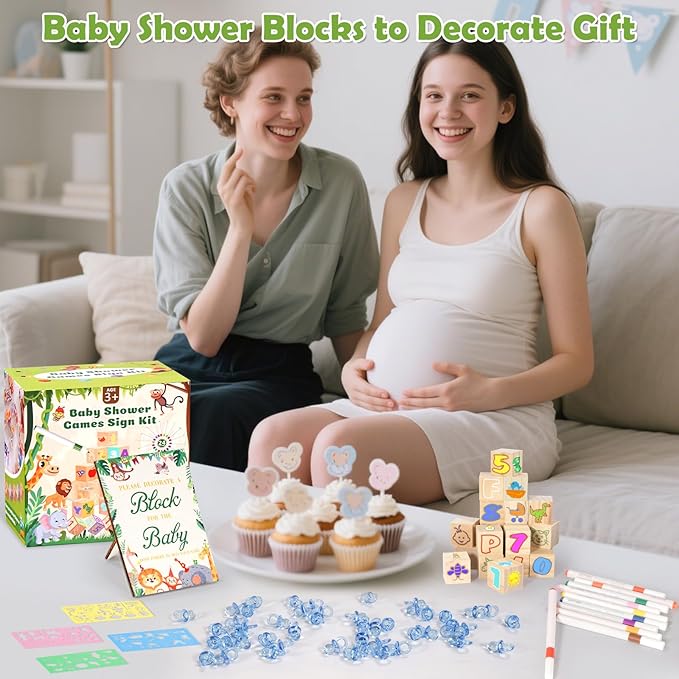 115 Pcs Baby Shower Games Sign Kit, Baby Shower Blocks to Decorate with 48 Wooden Blocks 50 Acrylic Baby Pacifiers 75 Stencils 24 Acrylic Paint Marker, Suitable for Gender Reveal Game