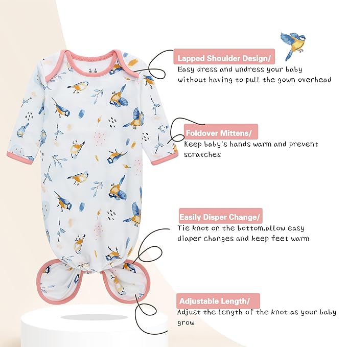 Miracle Baby Newborn Knotted Gown with Hat Set, 3 Pack Newborn Nightgowns, Baby Sleeper Gowns with Mitten Cuffs for Boys Girls 0-6 Months