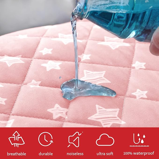 Crib Mattress Protector Waterproof 2 Pack, Quilted Crib Mattress Pad Cover 52" x 28" Extra Soft Breathable Toddler Bed Cover Stretch Up to 8", Pink & White Star