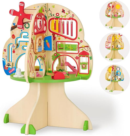 Monläurd® Montessori Wooden Tree Activity Center, Sensory Table & Busy Board for Toddlers 1-3, 4-Season Learning Activity Cube for Playroom & Daycare