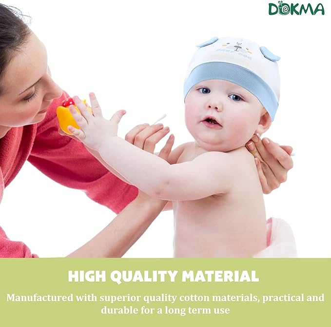 DOKMA Organic Cotton Baby Mittens and Caps Set with Adorable Bear Design for Newborn 0-6 Months, No Scratch, Ultra Soft - 5 Caps x 3 Mittens, Cute Blue